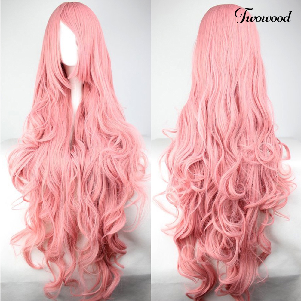 Twowood Pink Natural Wig Keriting Panjang Wanita Fashion Berbulu Sopak Untuk Pesta Cosplay