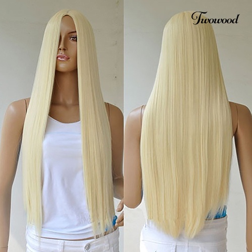 Twowood Wanita Panjang Lurus Full Wig Rambut Pirang Sintetis Ada Poni Cosplay Pesta