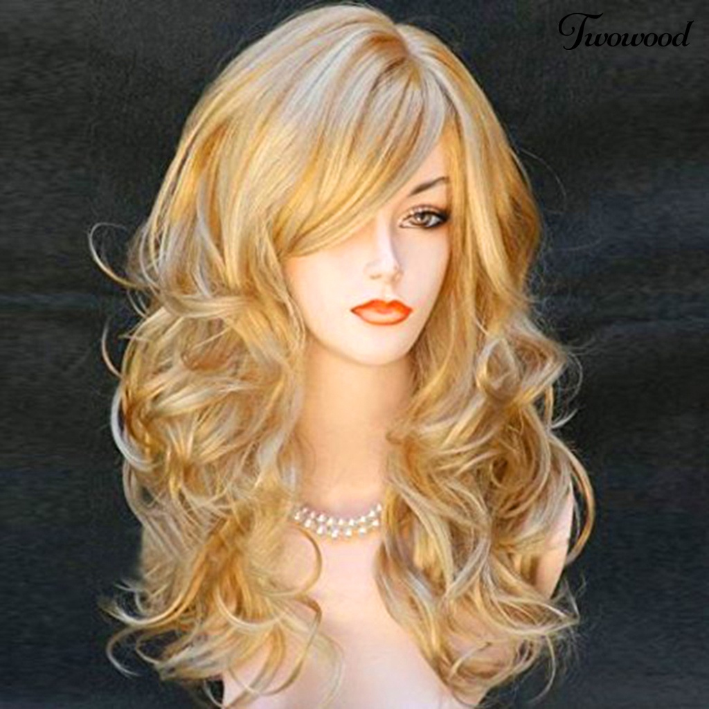 Twowood Wanita Wig Rambut Keriting Panjang Ringan Golden Tahan Panas Wig Alami Untuk Perempuan