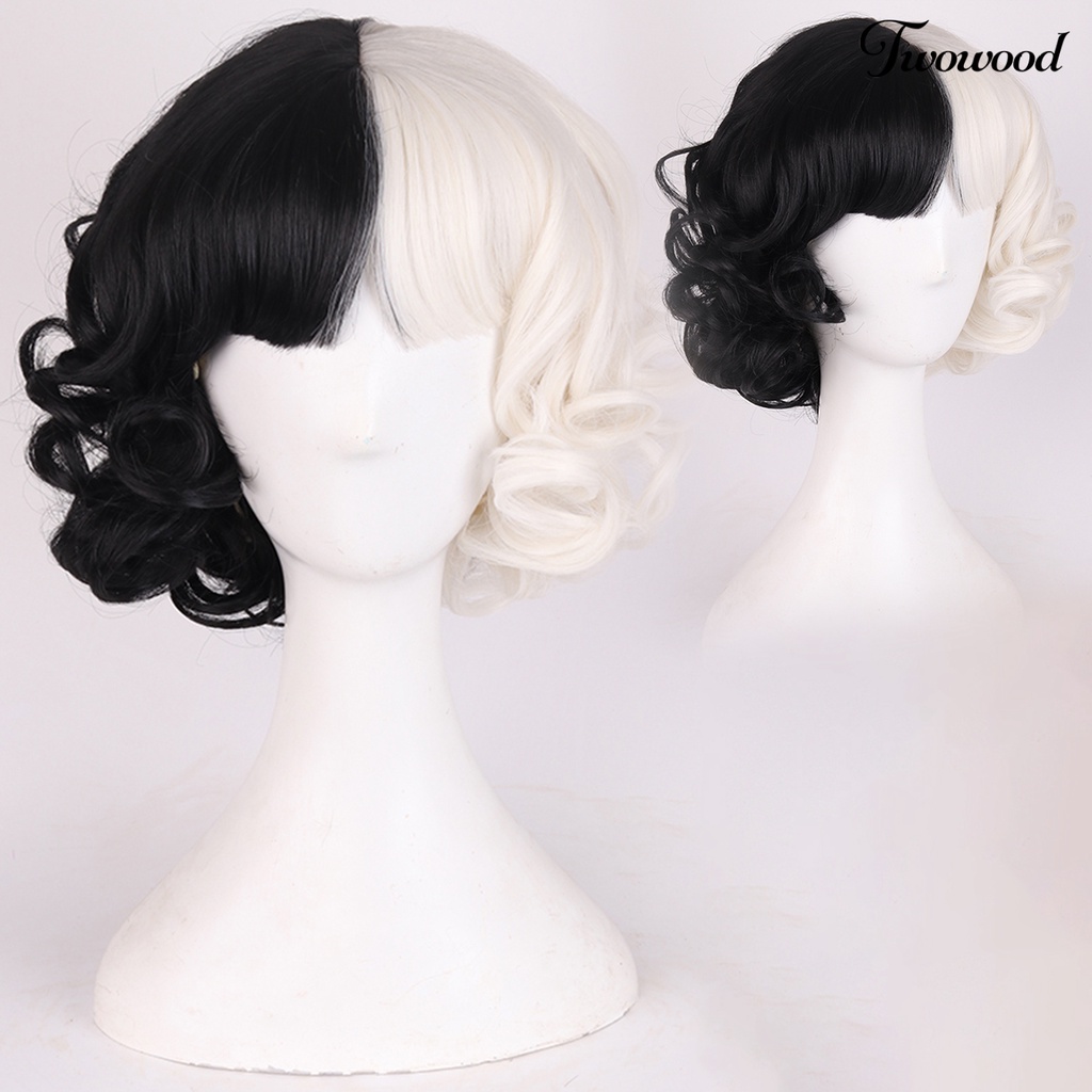 Twowood Cruella Wig Vivid Styles Wavy Skin-Friendly Deville Cosplay Wig Curly Half White Black Wig Untuk Perempuan