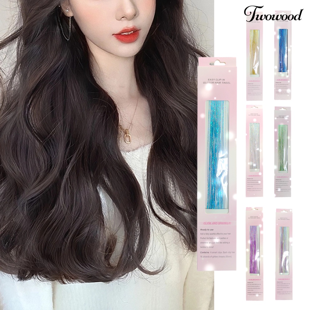 Twowood 6Pcs/Set Ekstensi Rambut Tahan Panas Warna Cerah Dengan Klip Banyak Warna Berkilau Mengkilap Warna-Warni Wanita Sopak Bermain Peran Aksesoris