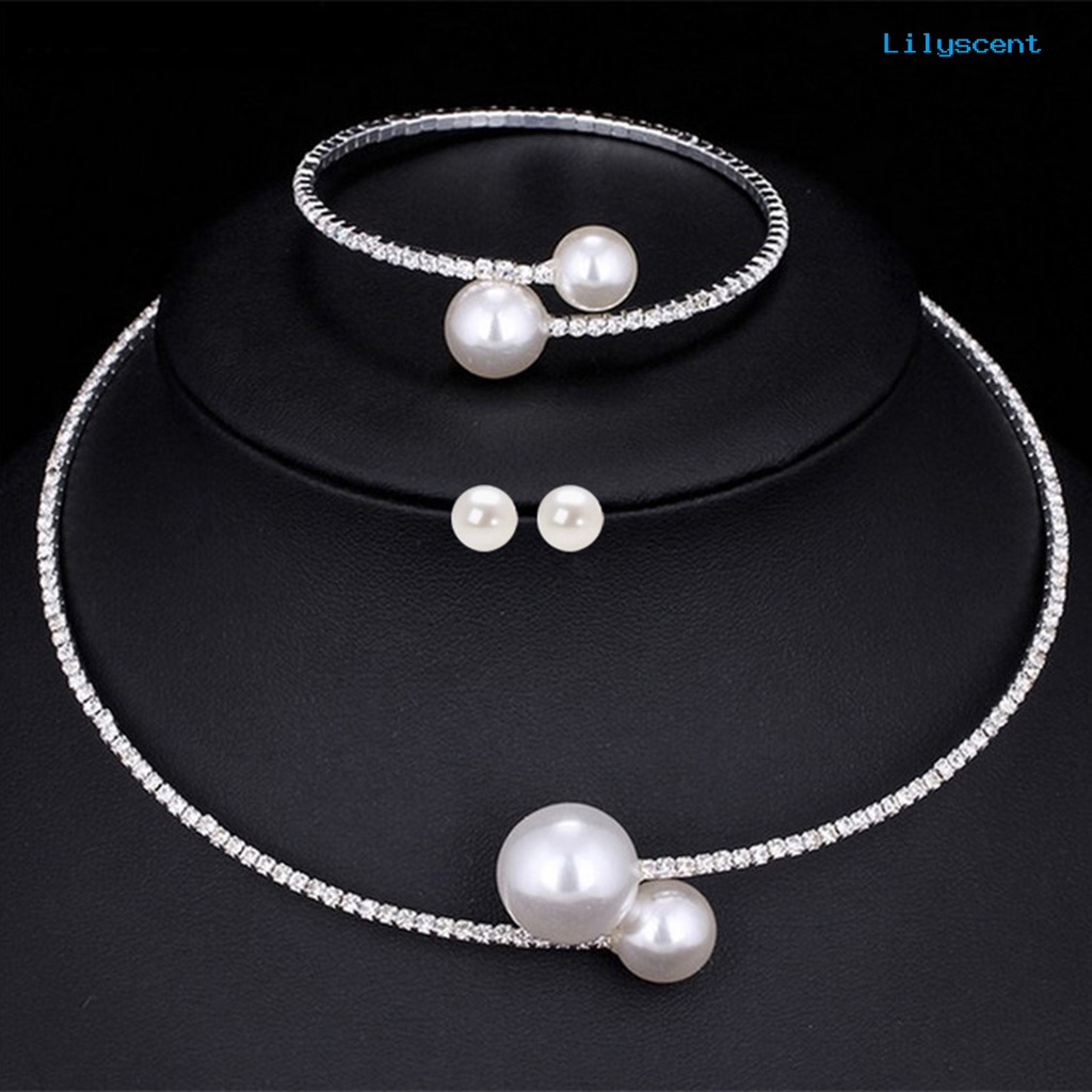 [LS]1 Set Perhiasan Wanita Set Mutiara Imitasi Dipoles Warna Kontras Pembukaan Berlian Imitasi Tubuh Dekorasi Adjustable Telinga Stud Klavikula Kalung Perhiasan Set Wanita Jewelry