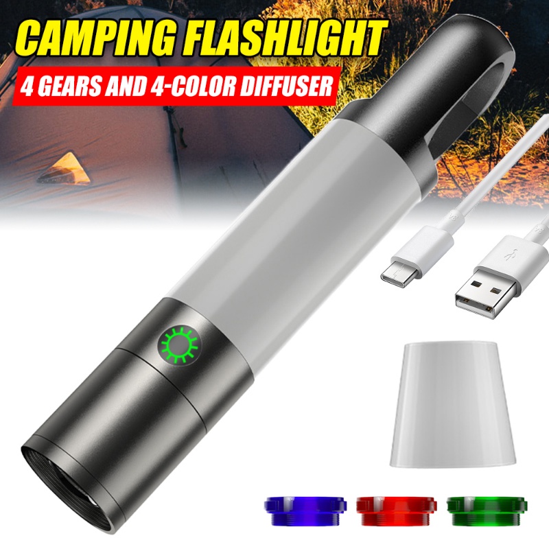Senter Terang Tahan Air Portabel Multifungsi Jarak Jauh Sumber Cahaya Ganda Tipe-C Rechargeable LED Torch Untuk Camping Outdoor