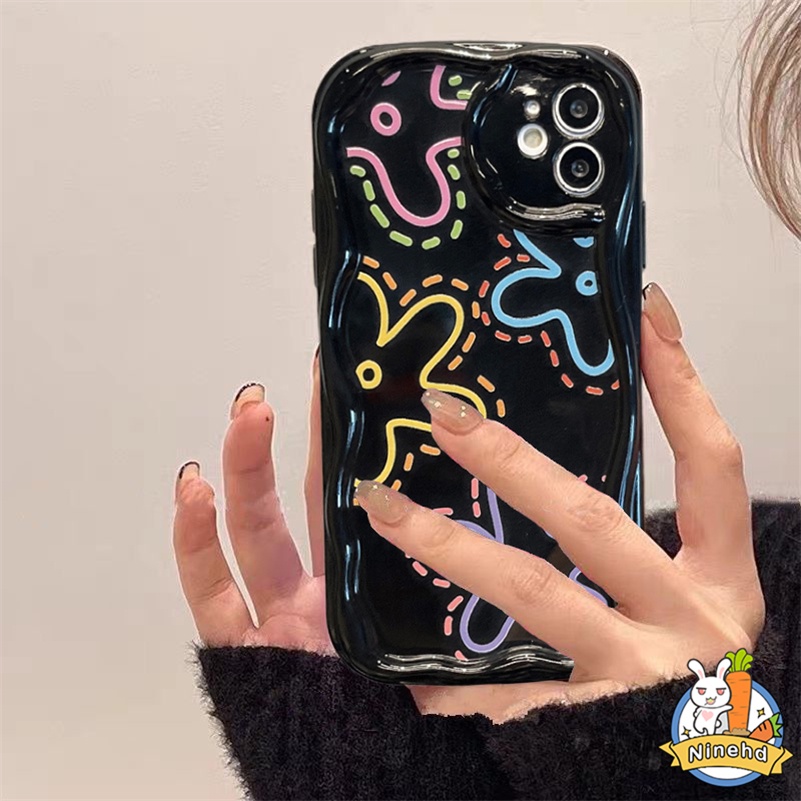 IPHONE Casing Kompatibel Untuk Iphone14 13 12 11 Pro Max X Xr Xs Max8 7 6 6s Plus Se2020Hitam Art Flower Floral Phone Case Wavy Curved Edge Soft Tpu Shockproof Airbag Glossy Back Cover