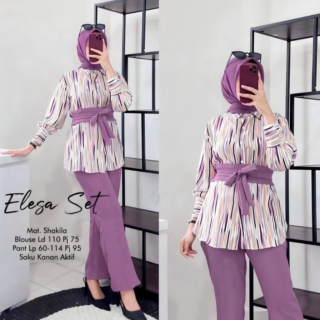 Elesa Set - One Set Shakila Twill Premium Setelan Wanita Lengan 7/8 Set Baju Celana Kekinian LD 110 cm