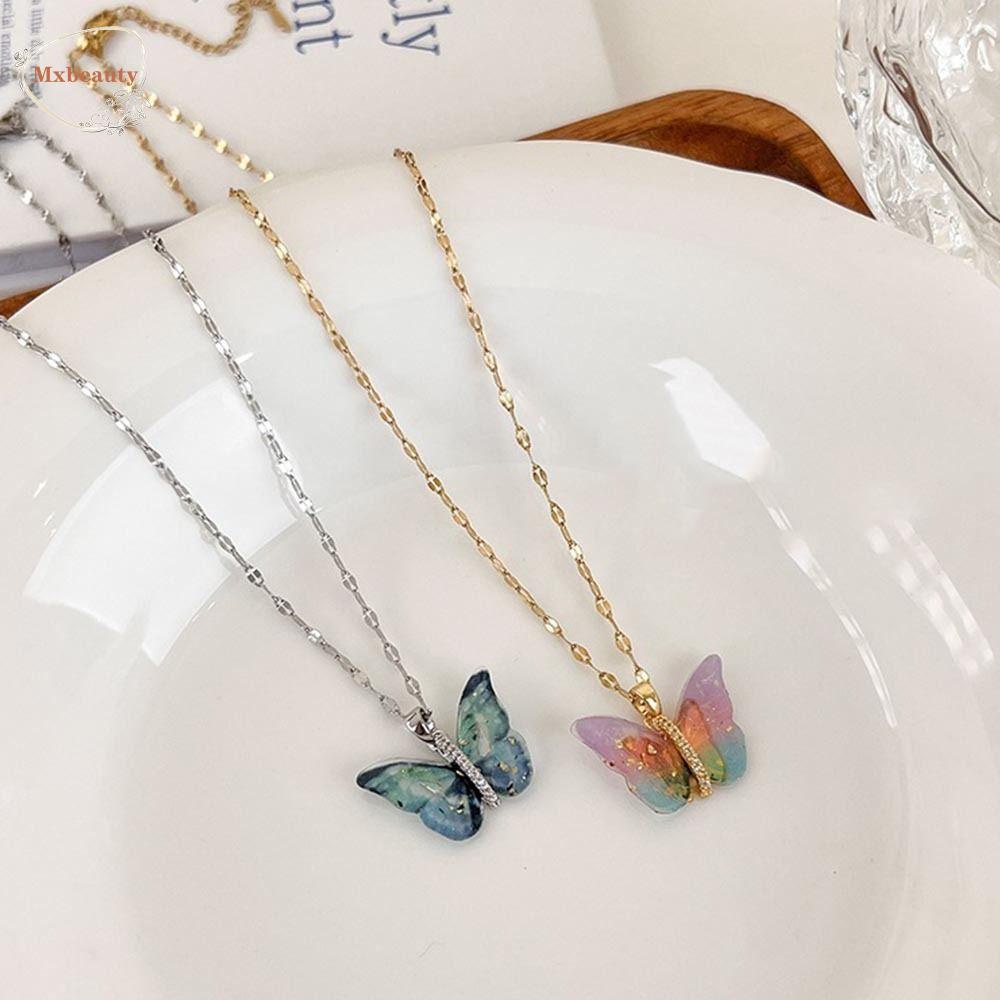 Mxbeauty Kalung Kupu-Kupu Transparan Lucktune Manis Perhiasan Pesta Ins Desain Niche Angin Musim Panas Gaya Korea Necklace