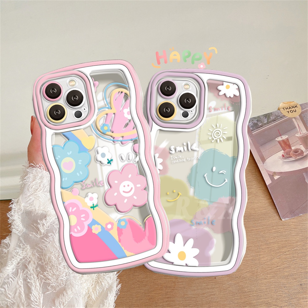 Casing Realme C55 C33 C35 C31 C30s C30 Realme10 9i 8i 6i5 7i C15 C25 C21Y C25Y C12 C1 C20 C3 C2 C1 Narzo 50 INS Fresh Flower Rainbow Smiley Wavy Edge Soft Clear Case RIXUAN