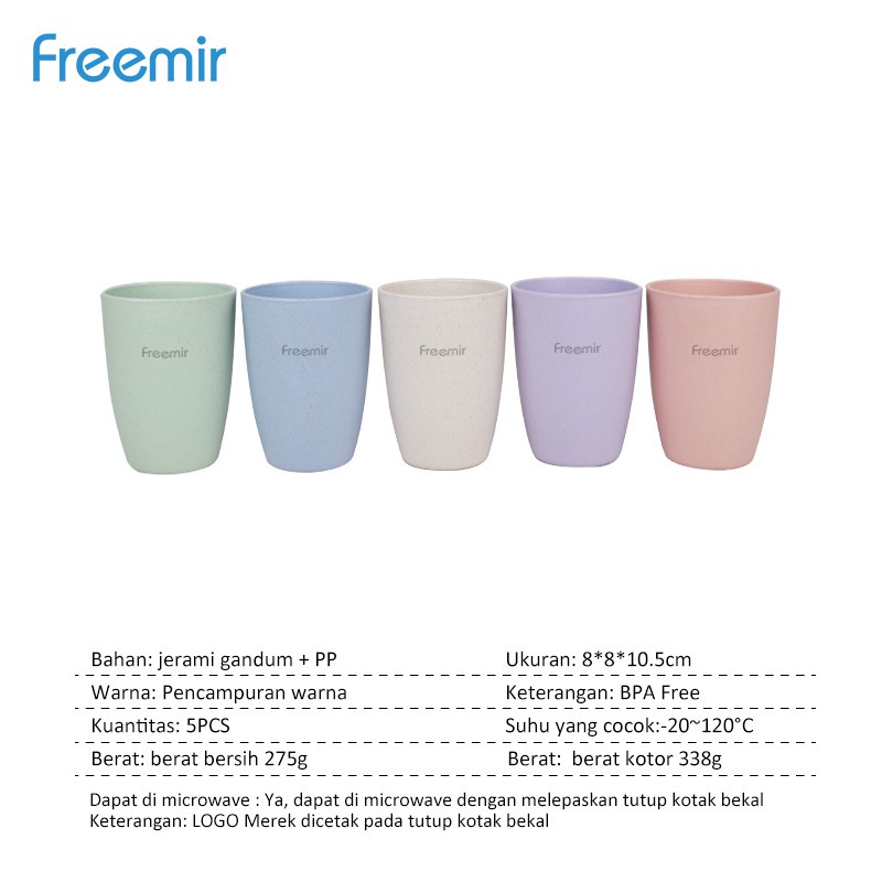 freemir 5 Pcs Gelas Set Plastik Wheat Straw Mix Warna Biru Pink Hijau Krem Ungu