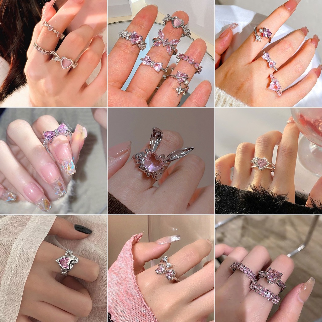 Merah Muda Kristal Zirkon Jantung Busur Terbuka Cincin Fashion Jari Telunjuk Rings