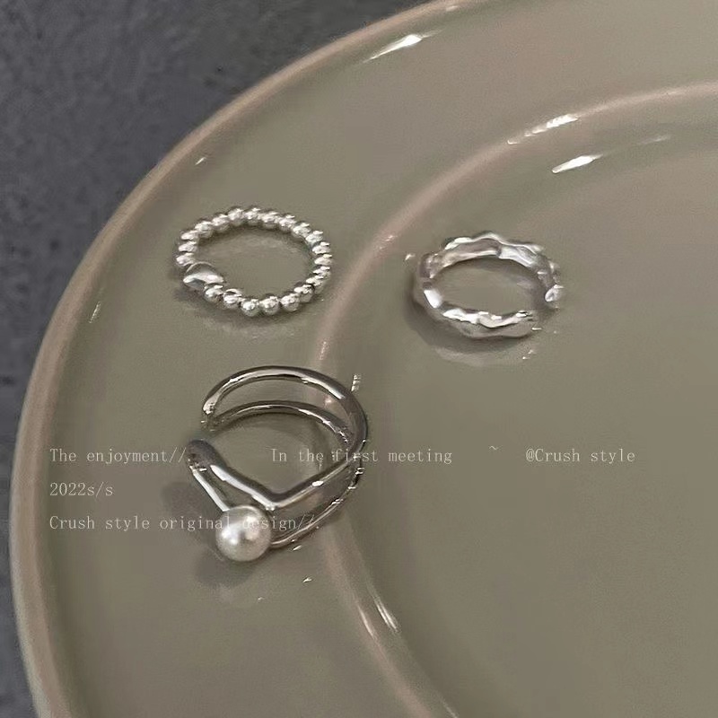 3pcs /Set Set Cincin Perak Untuk Wanita Mutiara Hati Twist Open Ring Simple Aksesoris Perhiasan