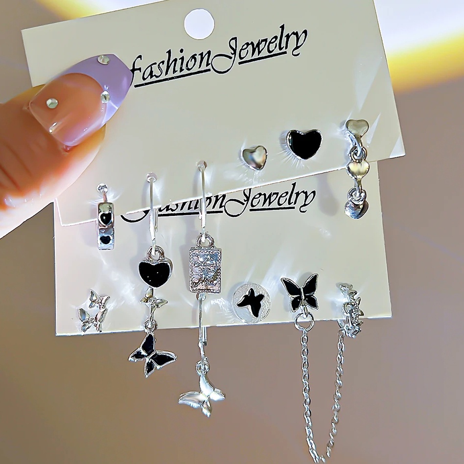 Yeezii Fashion Mutiara Kristal Hati Kupu-Kupu Anting Set Untuk Wanita Hypoallergenic Elegan Perak Kartun Stud Earring Perhiasan Aksesoris