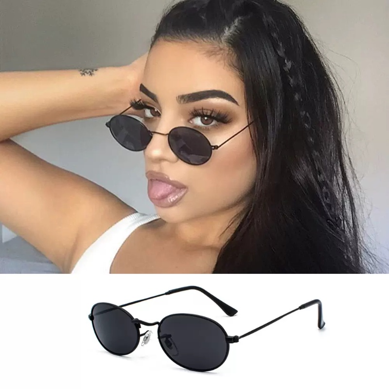 Roselife Unisex Retro Perak Logam Kecil Elips Bulat Frame Kacamata Hitam Untuk Wanita Pria Trendi UV400 Pelindung Kacamata Perempuan Laki-Laki Warna Fashion Anti Radiasi Kacamata