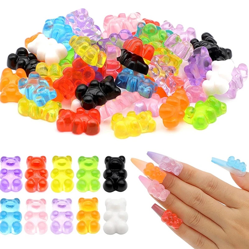 50pcs Cute Candy Colour Little Bear Aksesoris Kuku/ Patch Dekorasi Kuku Mini Resin 3D/ DIY Manicure Makeup Tools