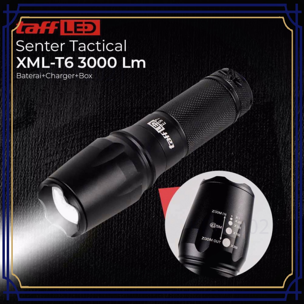 TaffLED Senter Tactical XML-T6 3000 Lm+Baterai+Charger+Box-E97