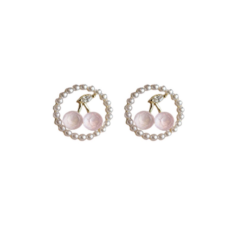 Korea Cherry Zirkon Anting Mutiara Wanita Gadis Kecil Segar Fashion Studs Earring