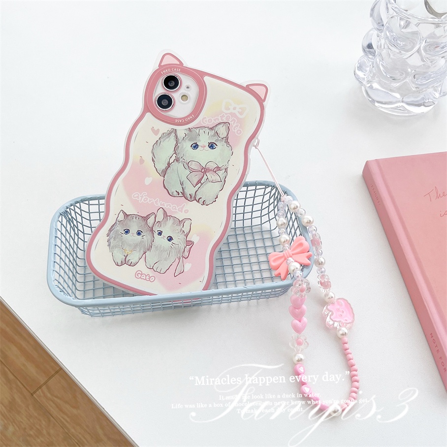 Compatible For iPhone 14 13 12 11 Pro Max X XR Xs Max 8 7 6 6s Plus SE 2020 Kompatibel Untuk Cute Pink Telinga Kucing Phone Case Clear Soft Cover Pelindung Dengan Rantai