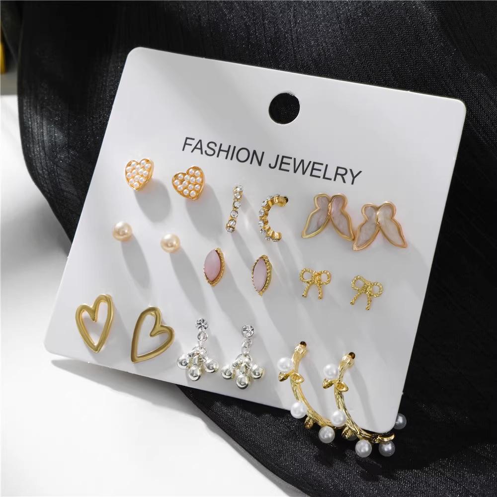 Anting Set Tusuk Korea 9 Pasang Kupu Hati Manik Unik untuk Wanita