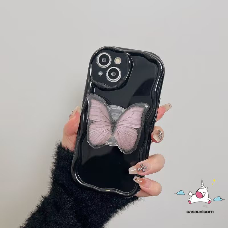 Case Warna Solid Simple Untuk Realme C53 C35 C55 C11 C25 C25Y C21Y 9i 7i 5i 6i 5 5s C20 C31 C17 C25s C12 C33 C30 C3 C15 C1 C21 3D Wavy Curved Edge Soft Cover Dengan Braket Kupu-Kupu