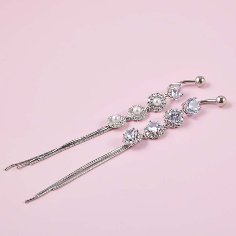 1biji Stainless Steel Panjang Rumbai Pusar Berbentuk Cakar Zirkon Mutiara Imitasi Pusar Cincin Panjang Pusar Dekorasi