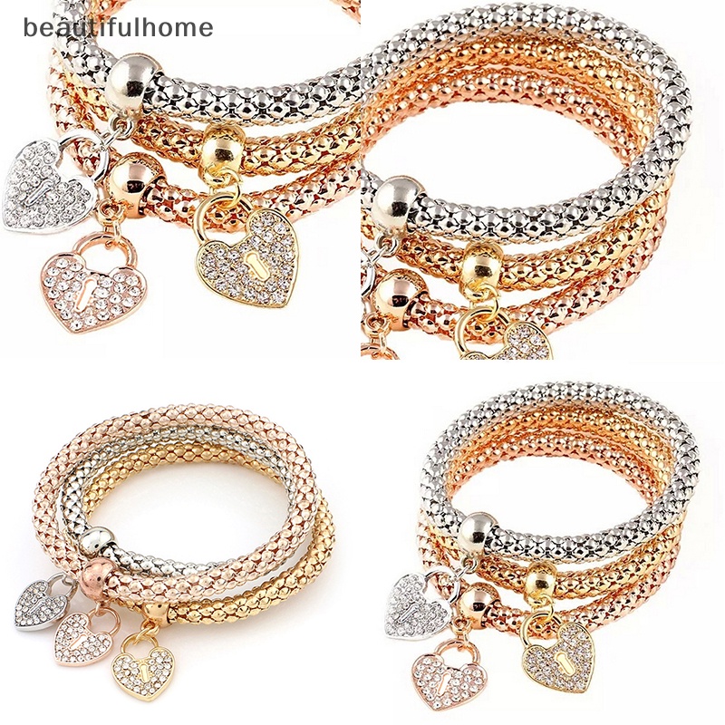 {beautifulhome} 3pcs Wanita Fashion Ctue Pesona Kristal Berlian Imitasi Hati Gelang Elastis Bangles.