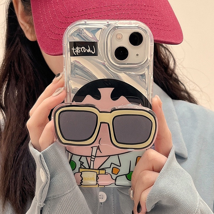 【Sunglasses Shin-chan】So Cool Laser Wave Gradient Silver Airbag SoftCase IPhone 11 12 13 14 Pro Max X XR XS MAX 14 Plus Protect Case girl women's Fashion Cute Phone Case