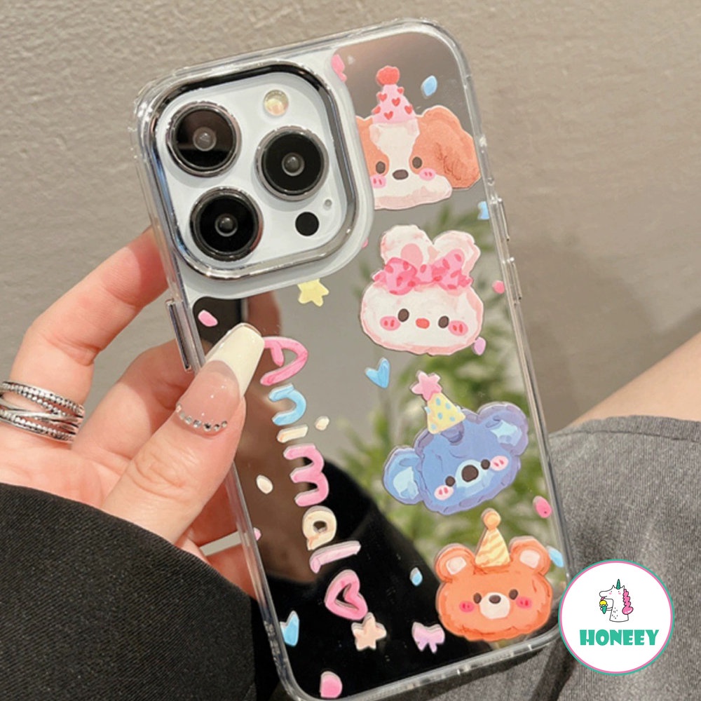 Ins Lovely Party Animals Phone Case Kompatibel Untuk iPhone 14 Pro Max13 12 Pro Max Case iPhone 11cermin Makeup Shockproof Sarung Handphone