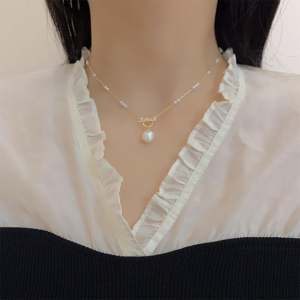 Mxbeauty Kalung Tulip Desain Niche OT Clasp Lock Gaya Korea Kalung Manik Geometris Rantai Mutiara Imitasi Untuk Wanita