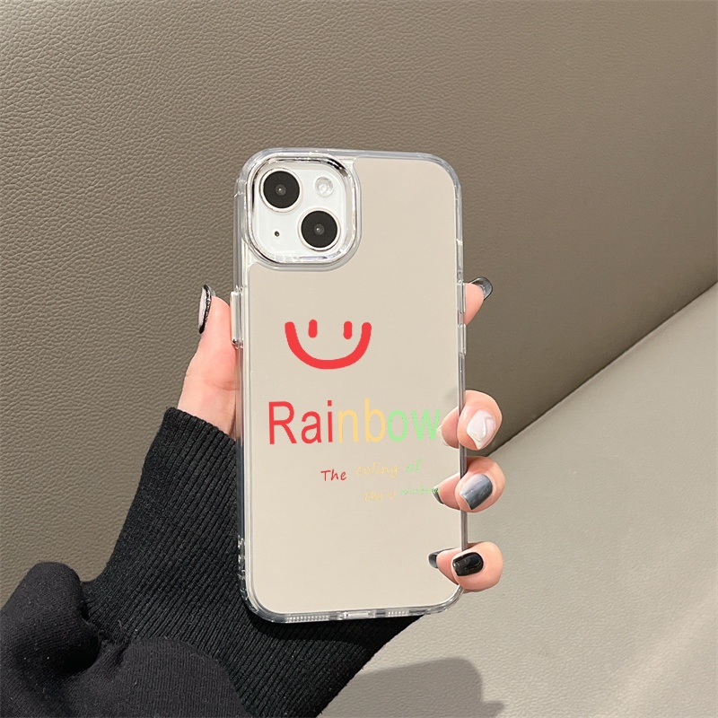 IPHONE Casing Ponsel Cermin Smile Karakter Pelangi Kompatibel Untuk Iphone11 12 13 14 12Pro 13Pro 14Pro Pro Max XR X XS Max Electroplating Tombol Perlindungan Mirror Cover