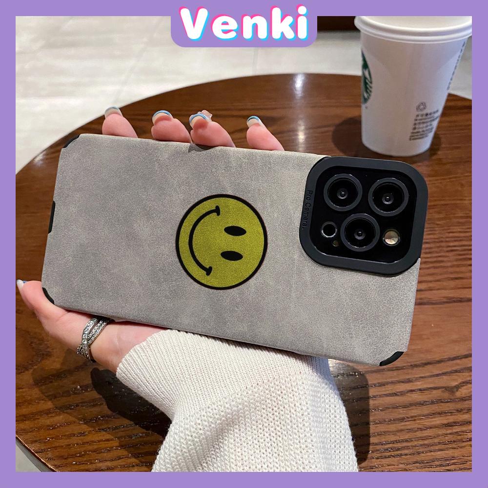 VENKI - Untuk iPhone 11 Case Leather Pupil Suede Case Soft Shockproof Phone Case Camera Simple Yellow Smile Kompatibel dengan iPhone 14 13 Pro max 12 Pro max xr xs 7Plus 8Plus