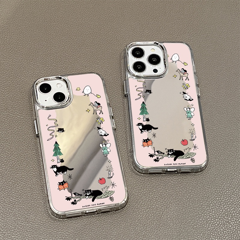 IPHONE Casing Ponsel Cermin Kartun Kompatibel Untuk Iphone11 12 13 14 12Pro 13Pro 14Pro Pro Max XR X XS Max Electroplating Tombol Perlindungan Mirror Cover