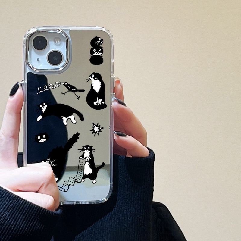 IPHONE Kartun Kucing Hitam Cermin Ponsel Case Kompatibel Untuk Iphone11 12 13 14 12Pro 13Pro 14Pro Pro Max XR X XS Max Electroplating Tombol Perlindungan Mirror Cover