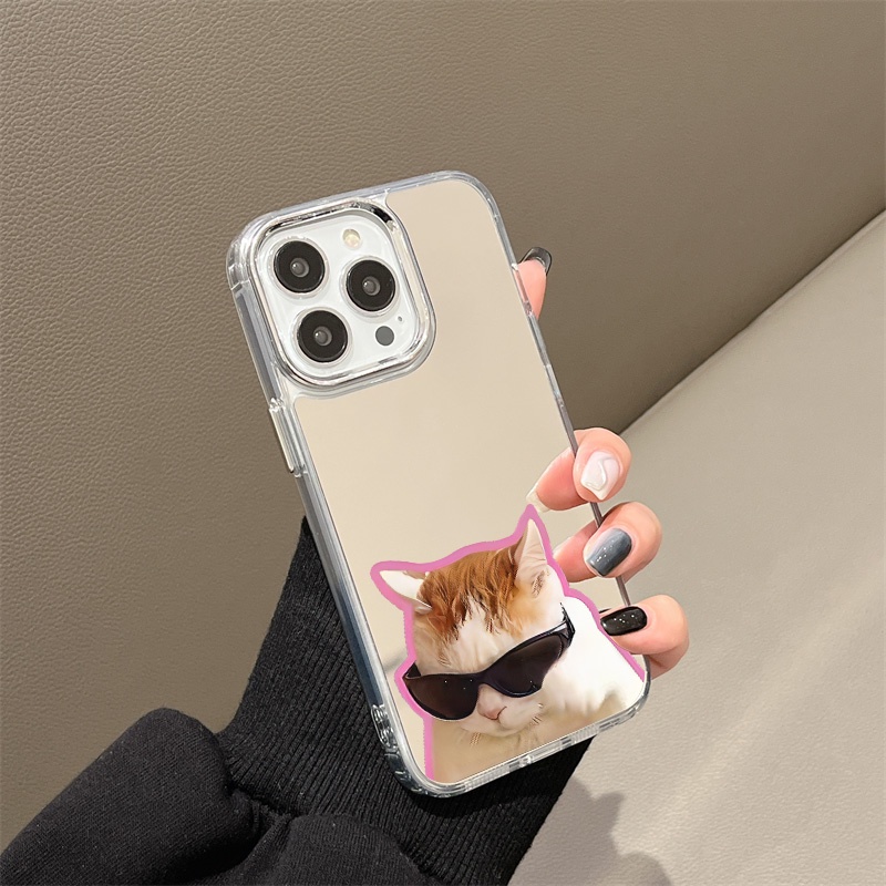 IPHONE Kacamata Hitam Lucu Cat Mirror Phone Case Kompatibel Untuk Iphone11 12 13 14 12Pro 13Pro 14Pro Pro Max XR X XS Max Electroplating Tombol Perlindungan Mirror Cover