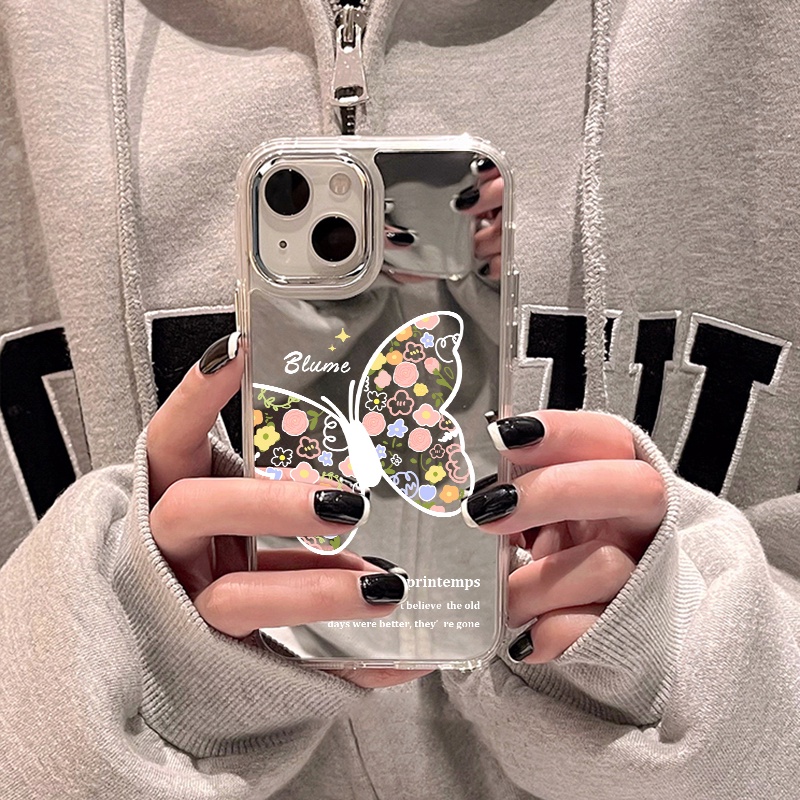 IPHONE Casing Ponsel Cermin Kupu-Kupu Bunga Warna-Warni Kompatibel Untuk Iphone11 12 13 14 12Pro 13Pro 14Pro Pro Max XR X XS Max Electroplating Tombol Perlindungan Mirror Cover
