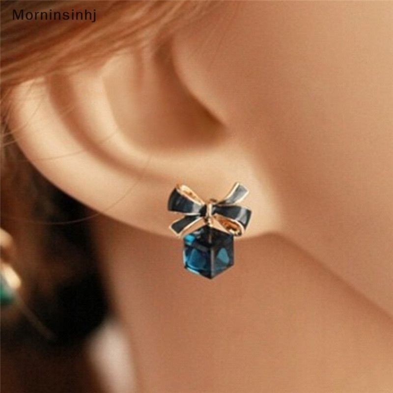 Mornin Biru Kristal Berlian Imitasi Enamel Bow Ear Stud Ikatan Simpul Anting Hadiah Wanita Perhiasan id