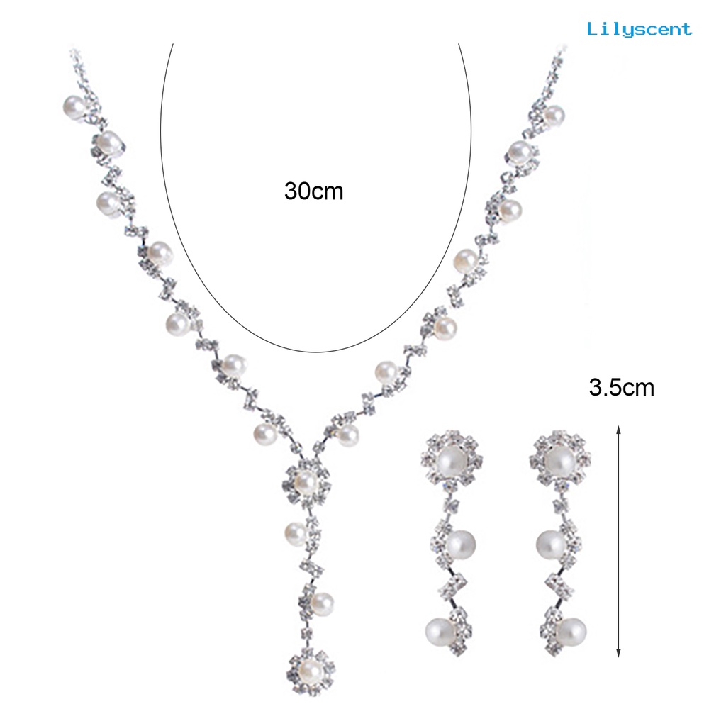 [LS]3Pcs Kalung Set Perhiasan Mutiara Imitasi Dekorasi Hadiah Anniversary Berlian Imitasi Choker Kalung Menjuntai Anting Set Untuk Perjamuan