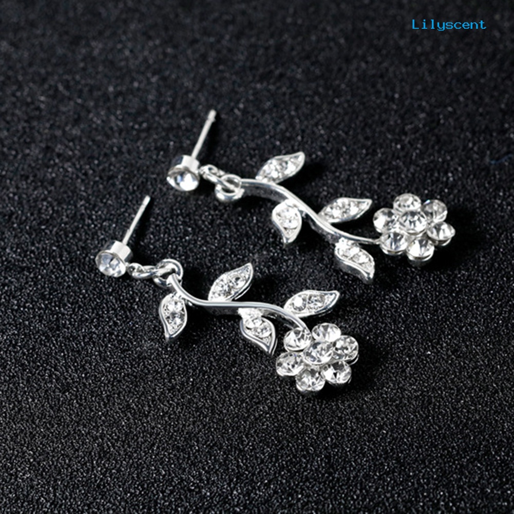 [LS]Wanita Berlian Imitasi Daun Bunga Kalung Stud Anting Pernikahan Bridal Perhiasan Set