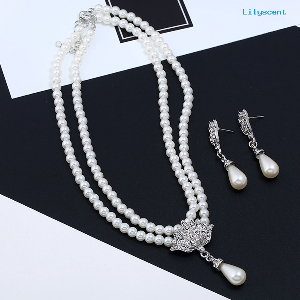 [LS]1 Set Kalung Anting Pengantin Dua Lapis Mutiara Imitasi Perhiasan Adjustable Tahan Lama Stud Earrings Necklace Untuk Pernikahan