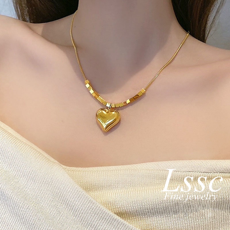 Kalung Titanium Anti Karat Hati Keberuntungan Cantik Mewah Emas 18K Korea Aksesoris Wanita Perhiasan