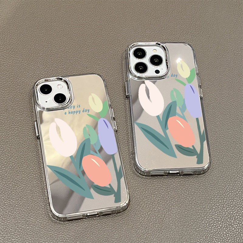 IPHONE Casing Ponsel Cermin Tulip Kompatibel Untuk Iphone11 12 13 14 12Pro 13Pro 14Pro Pro Max XR X XS Max Electroplating Tombol Perlindungan Mirror Cover