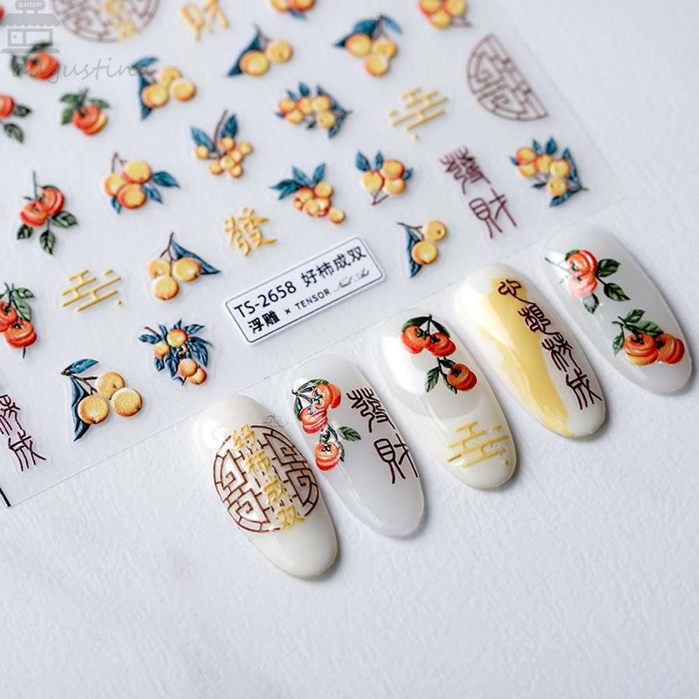 AUGUSTINA Agustina Stiker Kuku Warna-Warni 3D Relief Manicure Peach Blossom Dekorasi Kuku Gaya China Untuk Wanita