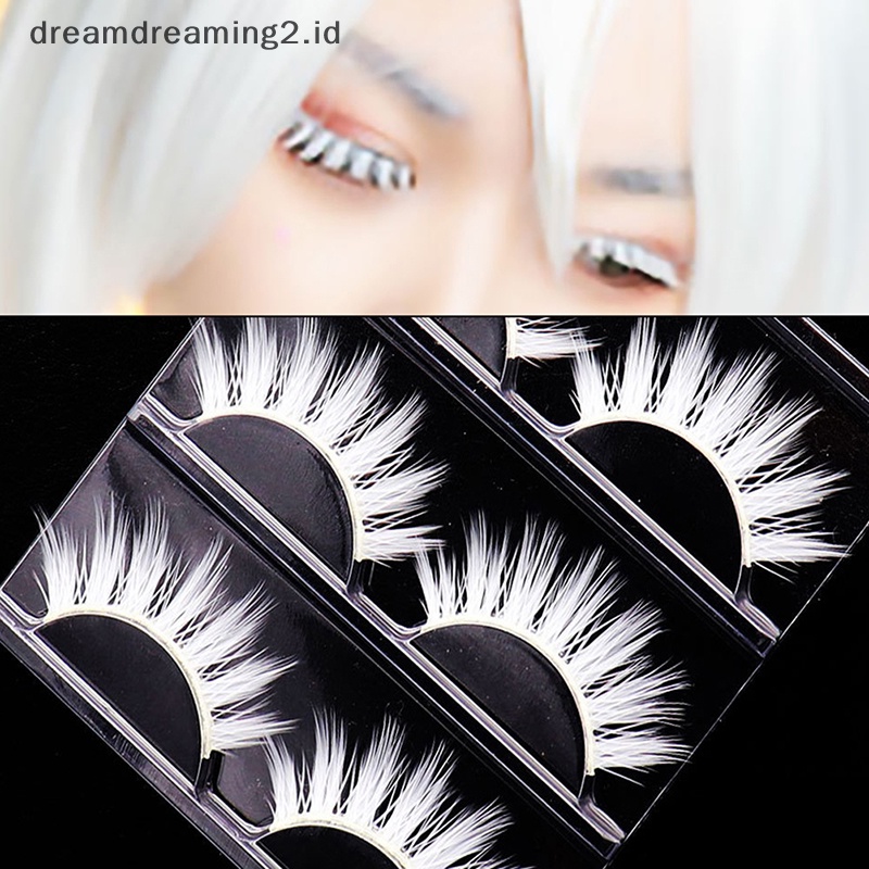 (drea) 3pasang Bulu Mata Putih Cosplay Makeup Alami Panjang Strip Silang Bulu Mata Palsu //