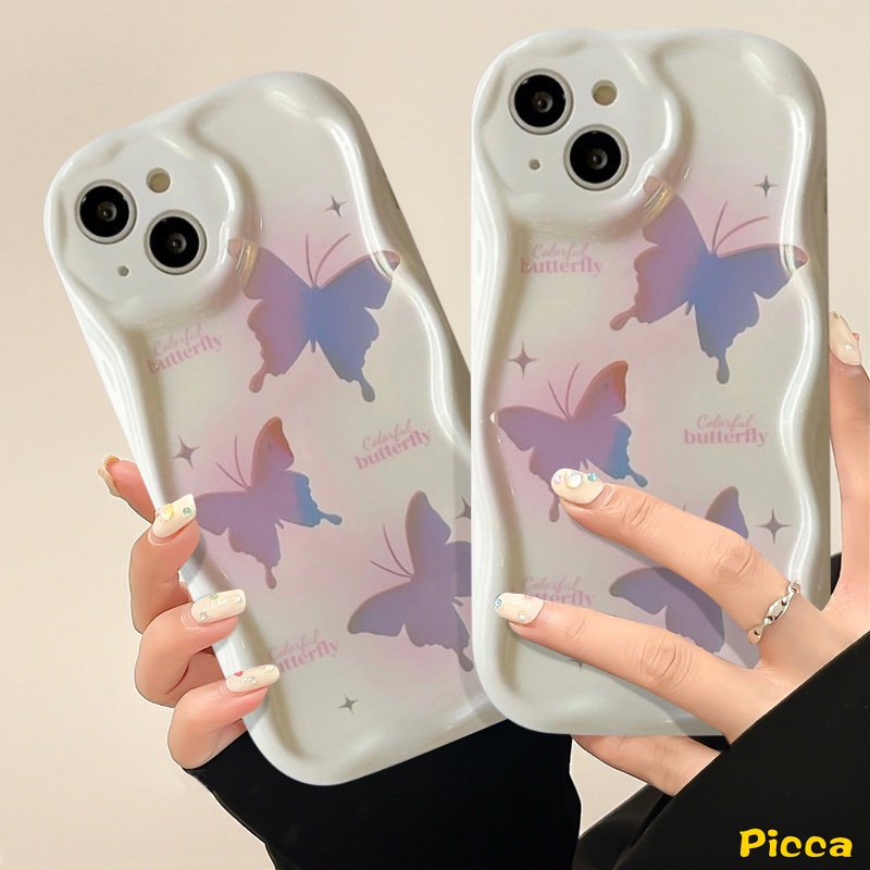 IPHONE Ins Korean Fantasy Butterfly Bow Smiley Flowers Case Kompatibel Untuk Iphone11 Pro Max XR 7Plus 6s 8 6 7 Plus 14 13 12 Pro Max X XS Max SE 2020 3D Wavy Curved Edge Glossy Cover