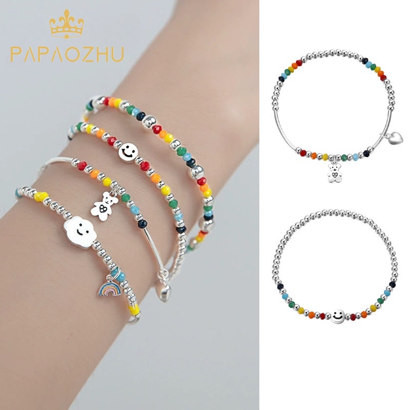 Papaozhu Handmade Rainbow Beads Smiley Face Gelang Untuk Wanita Perempuan Korea Warna-Warni Manik-Manik Hati Beruang Gelang Untuk Persahabatan Perhiasan Rantai Pergelangan Tangan Elastis