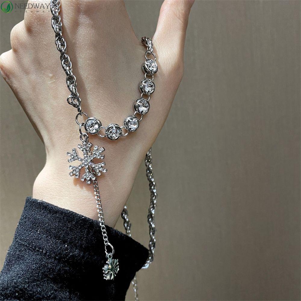 NEEDWAY Snowflake Kalung Geometris Sederhana Panjang Sweater Rantai Rumbai Berlian Imitasi Gadis Wanita Sweater Chain