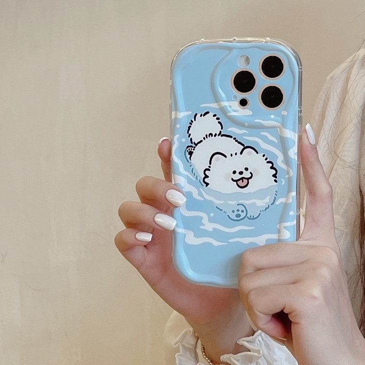 Cream Casing Swimming Dog Popsocket Soft Case HP iP iPhone 6 6S 7 8 14 + Plus SE 2020 2022 X XS XR 11 12 13 Pro Max Girl Woman