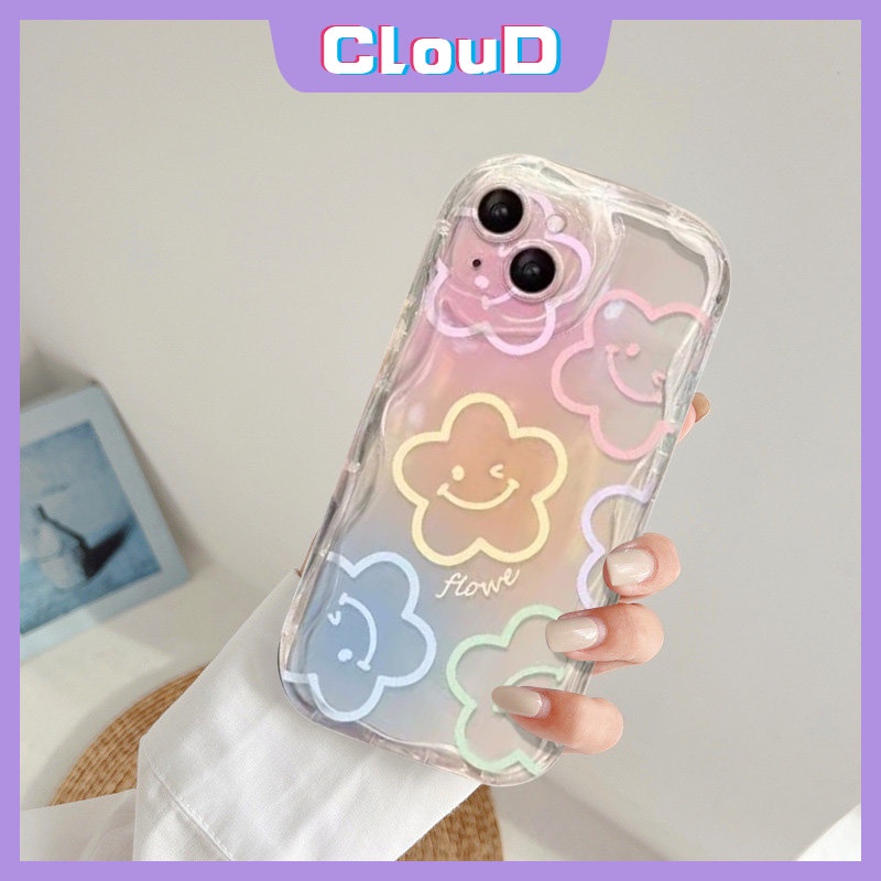 IPHONE Case Tepi Melengkung Bergelombang 3D Kompatibel Untuk Iphone11 13 12 14 Pro Max7 8 6 6s Plus XR X XS Max SE 2020 INS Korea Warna-Warni Graffiti Kartun Smiley Fresh Flowers Holder Bracket Case