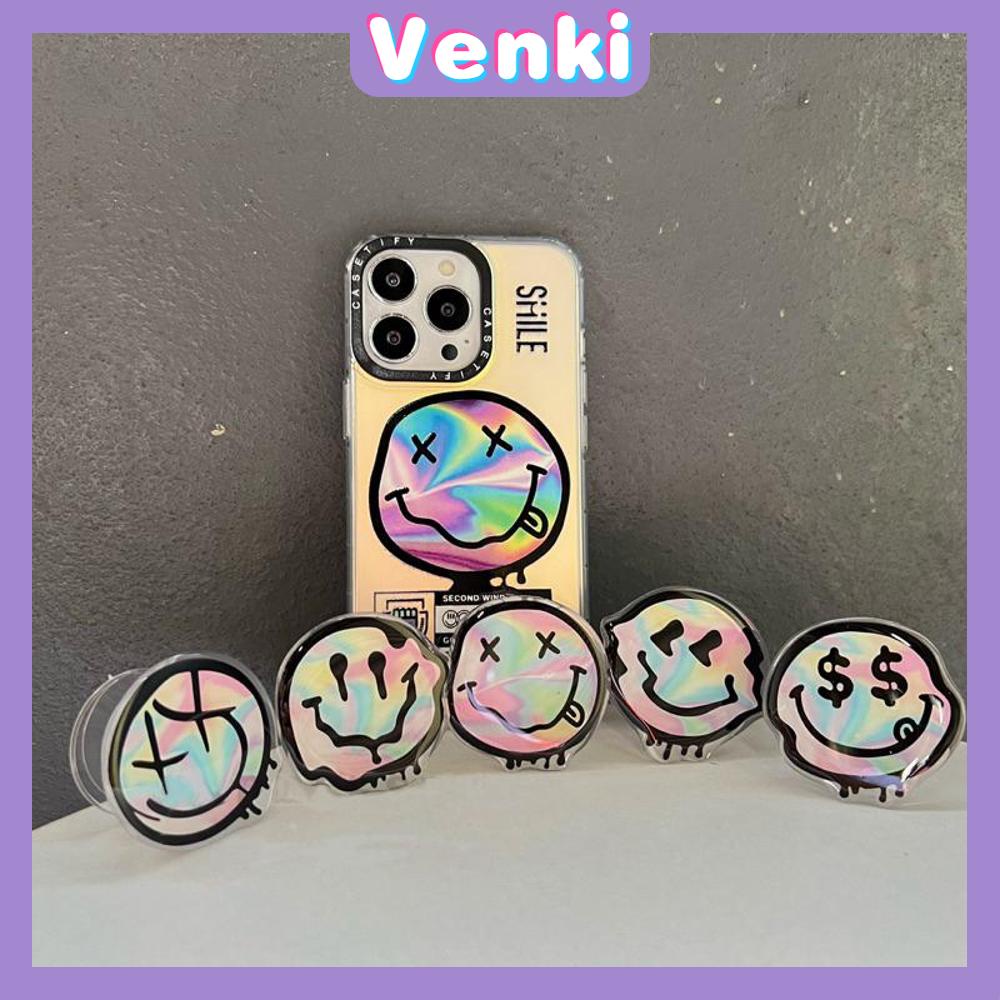 VENKI - Casing Ponsel Griptok Pegangan Akrilik Braket Lipat Kantong Udara Transparan Kompatibel dengan Casing Ponsel iPhone Sederhana Keren Berubah Kreatif Smiley Beruang Lucu