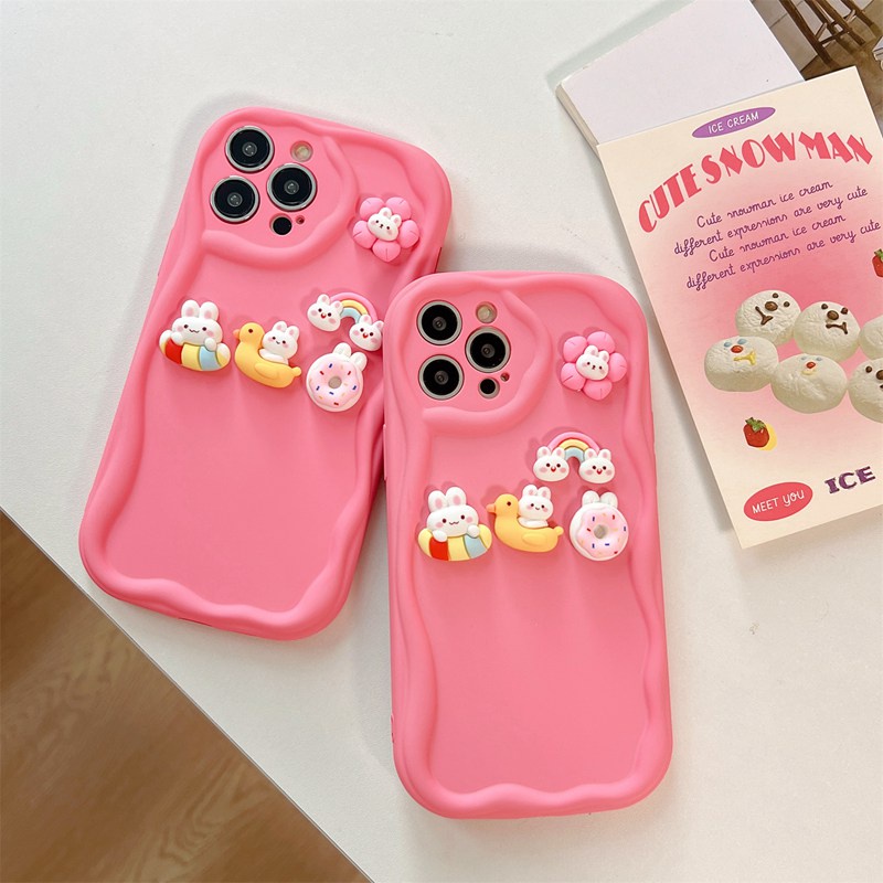 Macaron Pink Wave Rainbow Bunny Soft Silicon Case HP iP iPhone 6 6S 7 8 14 + Plus SE 2020 2022 X XS XR 11 12 13 Pro Max Girl Woman Casing