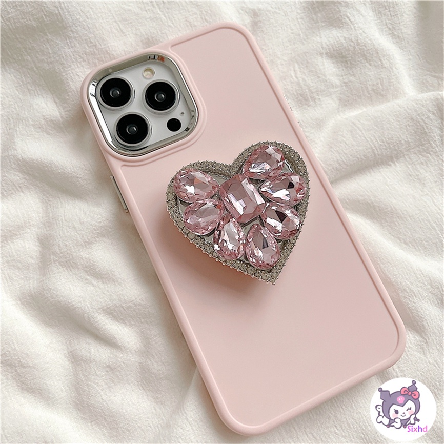 Compatible For iPhone 11 14 13 12 Pro Max 8 7Plus X Xs Xr Xs Max SE2020 Electroplated Lens Frame Protection Ins Pink Love Diamond Fashion Phone Case+Bracket Soft Anti Drop Cover