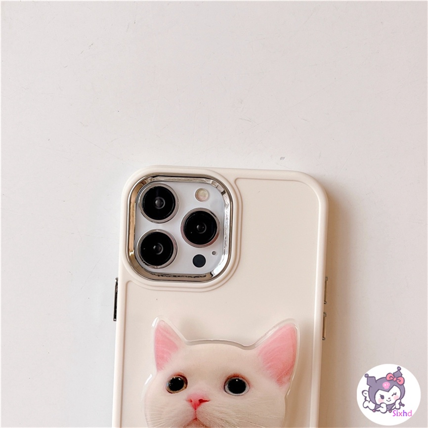 Compatible For iPhone 11 14 13 12 Pro Max 8 7Plus X Xs Xr Xs Max SE2020 Electroplated Lens Frame Protection Cute Cartoon Kitten Fashion Phone Case+Bracket Soft Anti Drop Cover